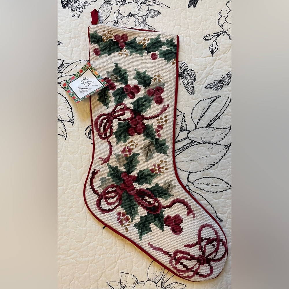 Vintage Christmas Bow Holly Berry Handmade Needlepoint Stocking NWT 18in